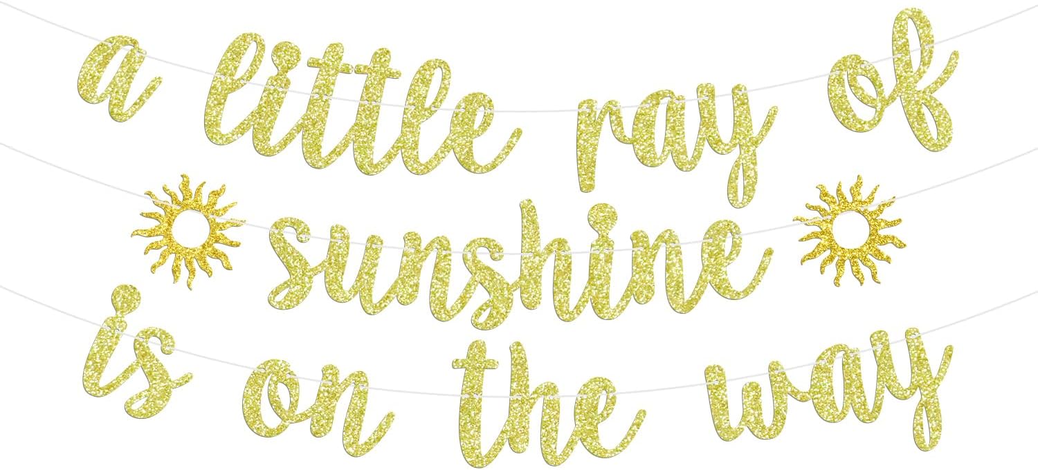 A Little Ray of Sunshine is on the Way Banner, Here Comes the Sun Baby Shower Party Decoration Supplies, Funny Sun Theme Garland Baby Shower/1st Birthday Party Sign, Gold Glitter