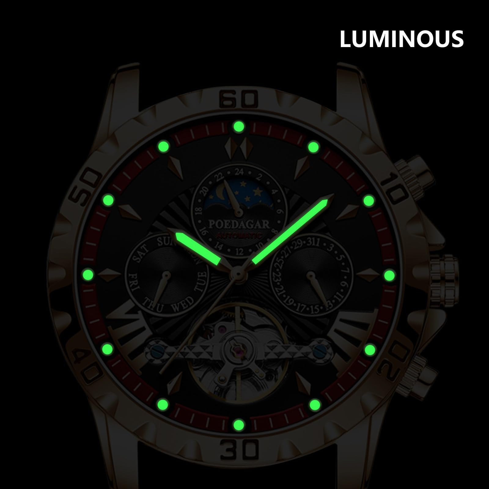 FORSINING Orologio da uomo Tourbillon automatico a carica manuale, cinturino in acciaio inox, fase lunare, orologi meccanici, visualizzazione della data analogica