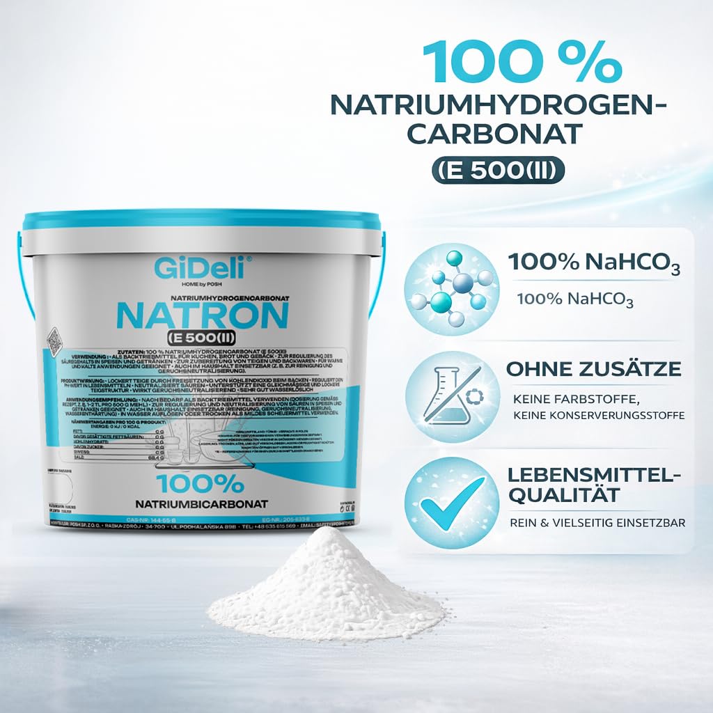 GiDeli Bicarbonato de Sodio 1kg - Perfecto Para Cocinar Pasta y Hornear - También se Utiliza Para Lavar y Limpiar - Uso Versátil en el Hogar - Regulador de la Química del Agua de la Piscina