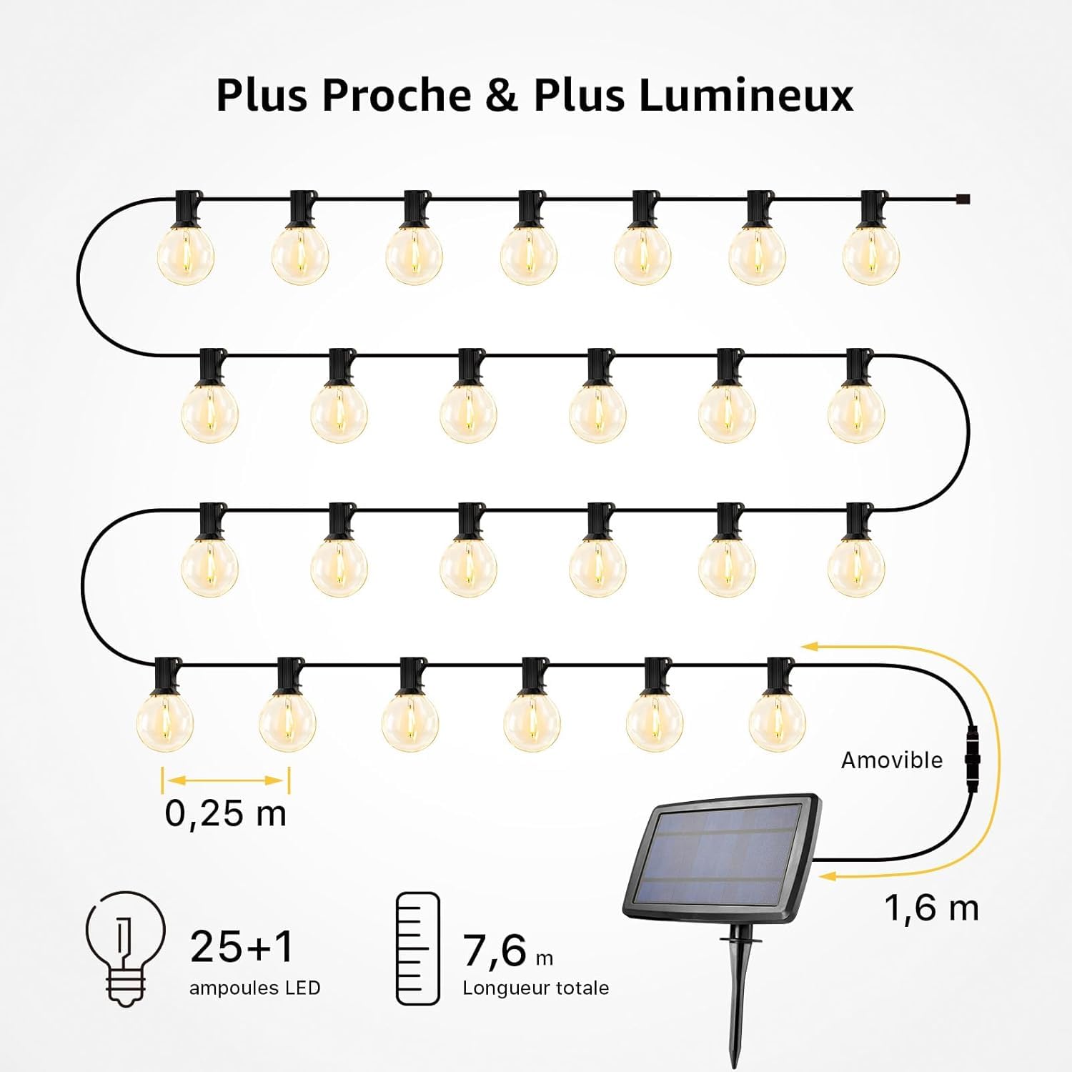 Lepro Guirlande Lumineuse Extérieur Solaire 4 Modes 7.6m | Guirlande Guinguette USB, 25 Ampoules G40, Blanc Chaud 2700K, Étanche pour Jardin, Terrasse, Cour, Patio, Fête Décoration