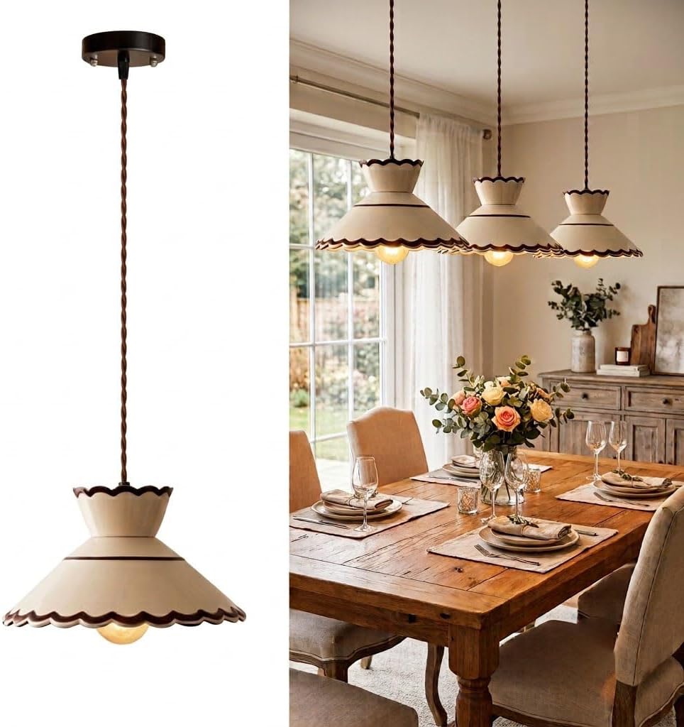 Cottagecore Scalloped Ceramic Pendant Light, Vintage Farmhouse Lamp (E26) | Cream White Ceramic Shade, Adjustable Cord Ceiling Fixture for Kitchen Island, Cafe，Bedroom, Dining Room.