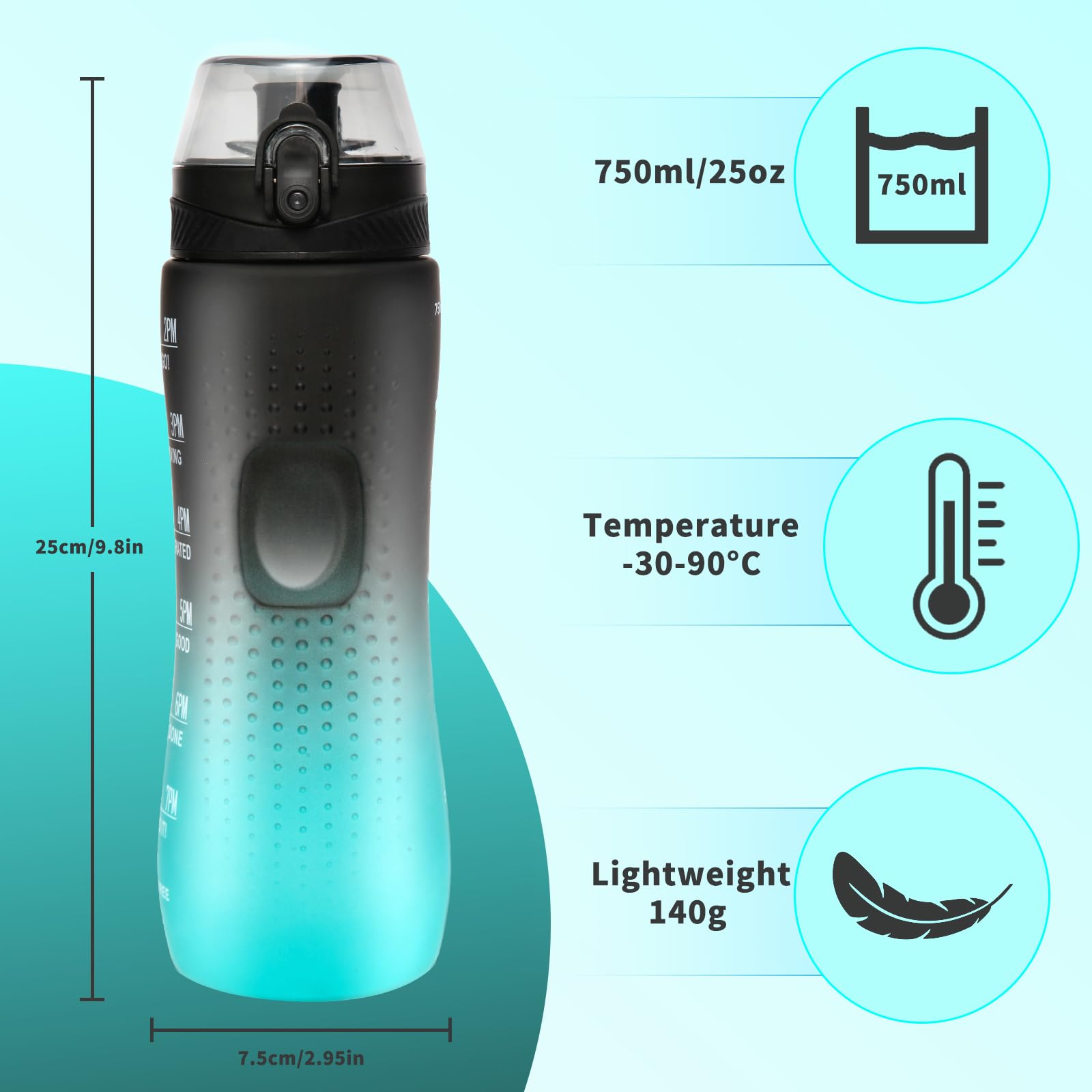 Binudum Borraccia motivazionale con indicatore del tempo, Sport Tritan, senza BPA, a prova di perdite, per adolescenti, adulti, palestra (nero, verde, 750 ml)