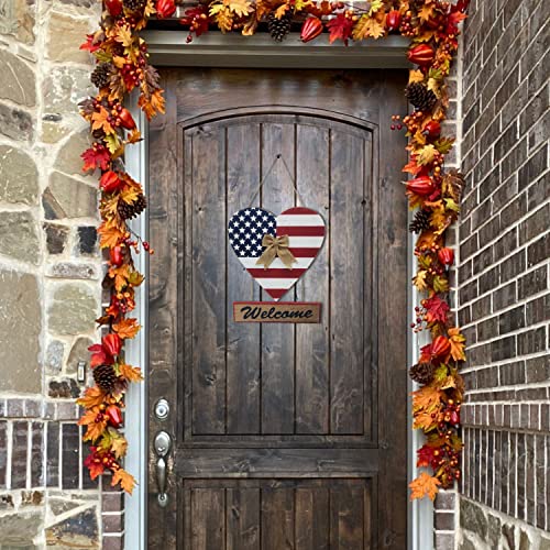 Gaplum Hanging Wooden Heart With Welcome Sign Patriotic Wall Decoration, Rustic American Flag Front Door Wreath Outdoor Indoor 4Th July Hanging Ornament Wall Decor #TOP6