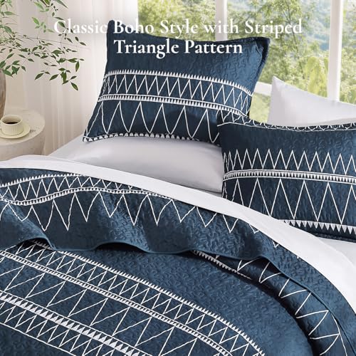 Image of Andency Navy Oversized Super King Quilt Set, 3 Pieces Boho Lightweight Soft Striped Bedspread for All Season (120 inchx120 inch), Printed Bohemian Polyester Reversible Coverlet Comforter Sets
