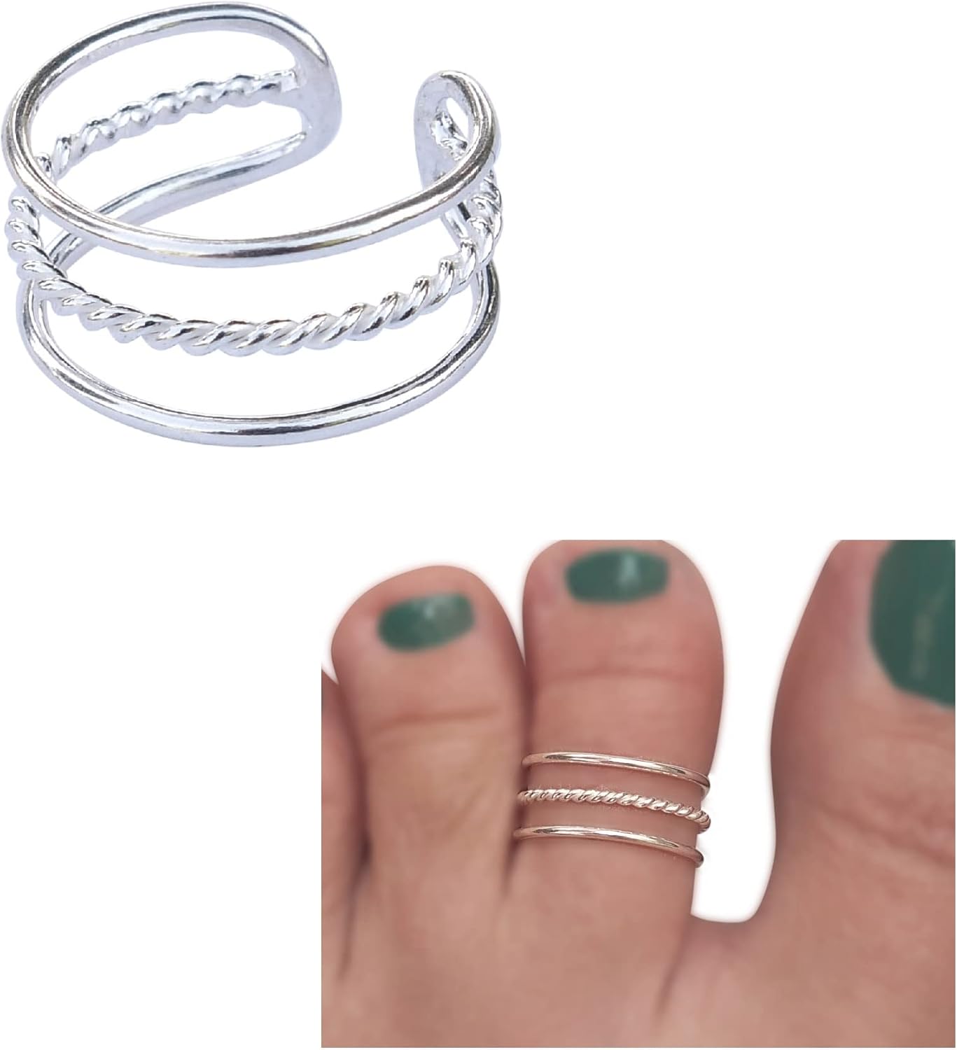 Handmade Silver Triple Band Adjustable Toe Ring, 925 Sterling Silver, Classic 3 Row Dainty Open Toe, Pinky or Knuckle Rings for Women, By MiYa Jewelry Creations (Silver-WideEnds)