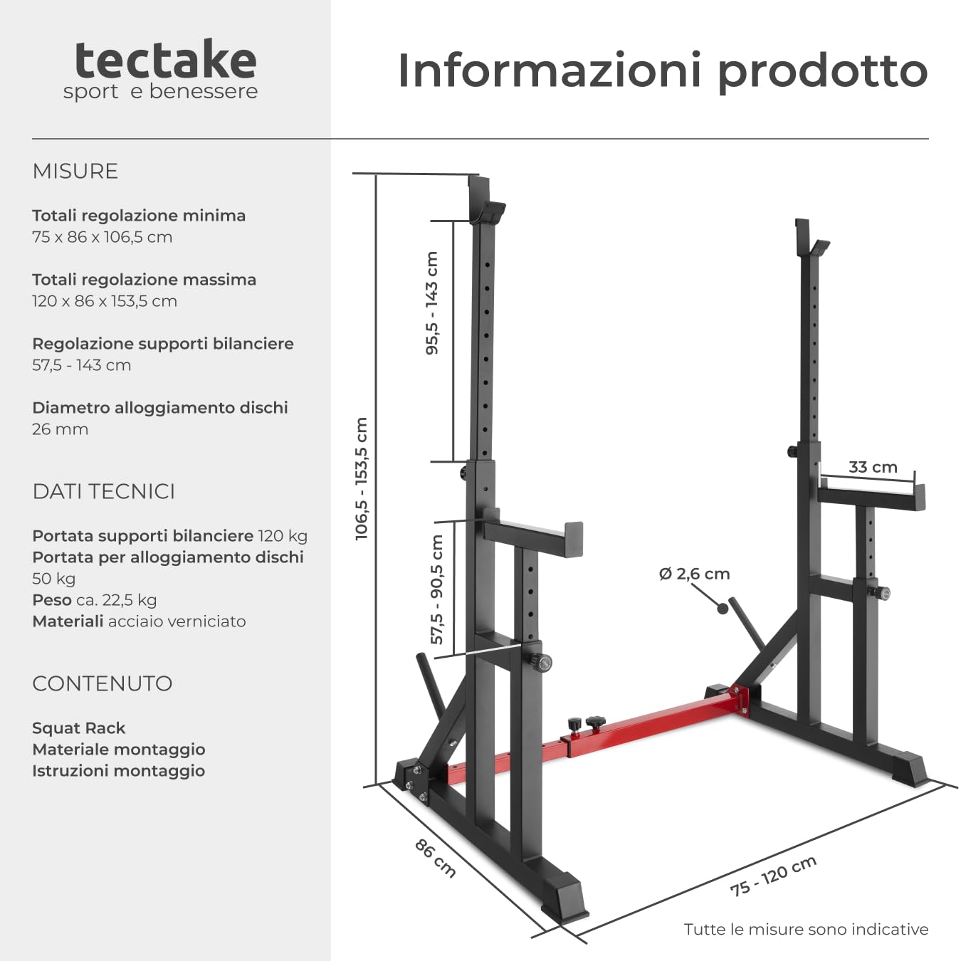 tectake® Squat Rack, Regolabile in Altezza e Larghezza, Supporti Bilanciere Superiori e Laterali con Gomma, In Acciaio, Supporti per Dischi, Cappucci Antigraffio, Diverse Dimensioni