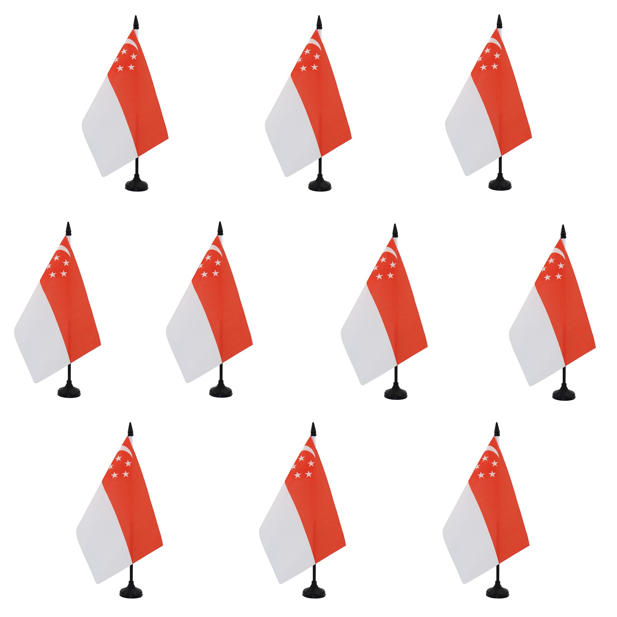 AZ FLAG - Set of 10 Singapore Table Flag 5'' x 8'' - 10 Small Singaporean Office Flags 100% Polyester 21 x 14 cm - Mini Desk Flag with 10'' Pole and Black Plastic Base — image 1