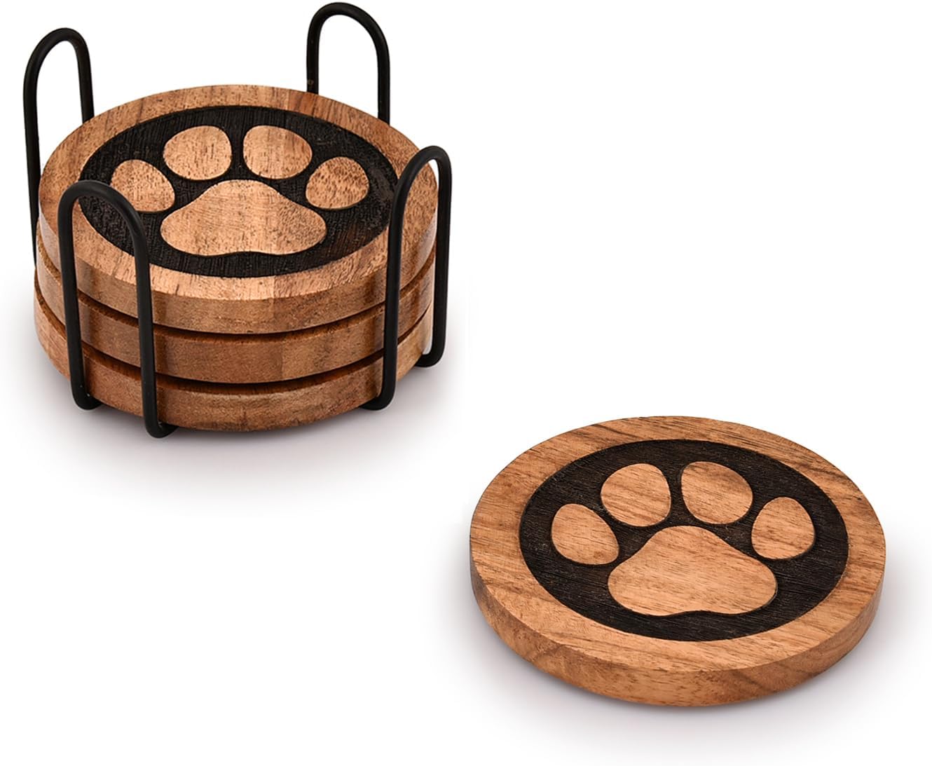 Kimona Coasters Set of 4 Wooden Paw Coaster with Iron Holder Stand for Table Protection, Home Decor, Housewarming Gift (4" x 4" x 0.5")