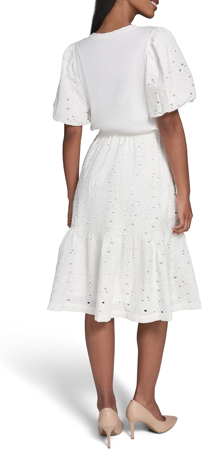 Karl Lagerfeld Women's Floral Eyelet Summer Fashion Mixed Media Dress
