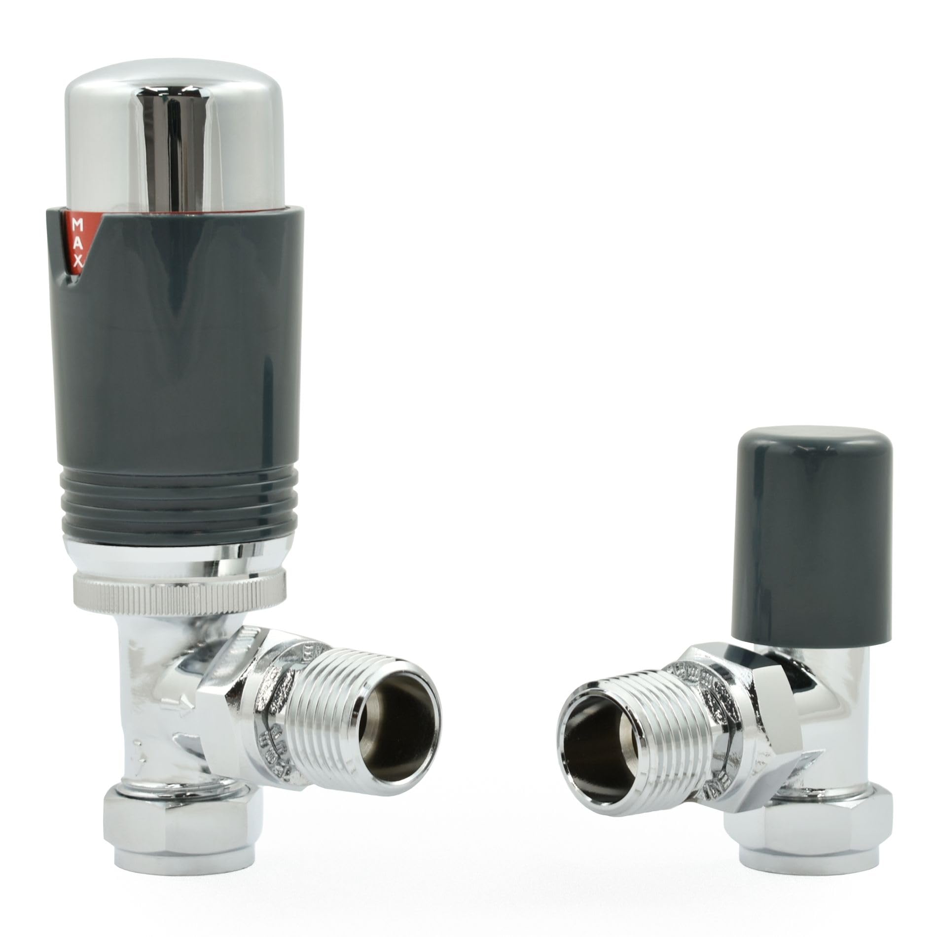 Hot Flow Chrome & Anthracite Estuary Angled TRV Thermostatic Radiator Valve (Pair) Includes Angled TRV Body, Wheel Head, Lock Shield. for Quick & Easy Temperature Control. — image 1