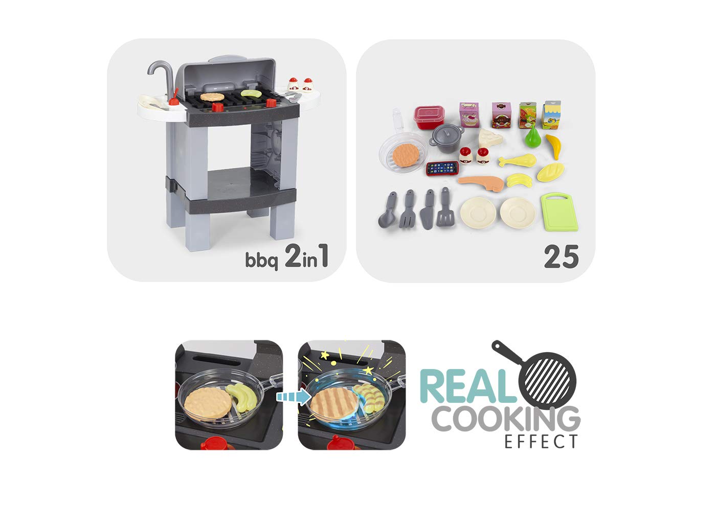 Chicos - Cocina de Juguete 2en1 Cooking BBQ | Cocinita y Barbacoa Infantil con Efecto de Cocina Real: Los Alimentos cambian de Color Cuando se cocinan en el fogón LED | Incluye 25 Accesorios (85100)