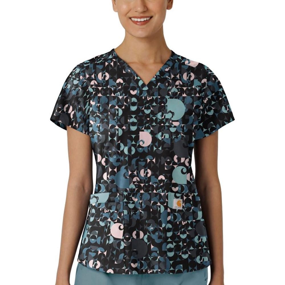 Carhartt Scrubs C13414 Women's Modern Fit V-Neck Print Scrub Top - Small Regular - Geo Logo Black