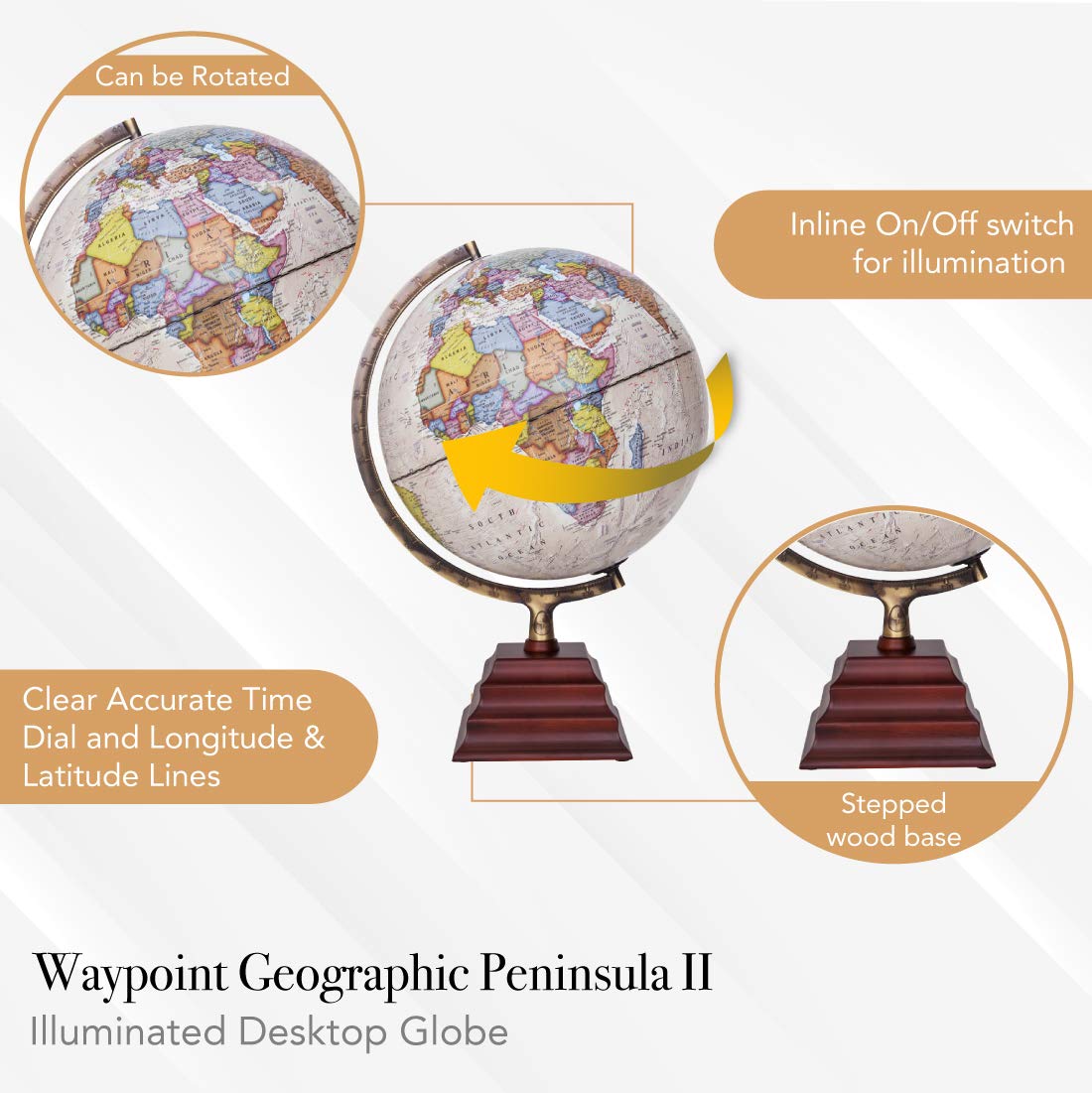 Waypoint Geographic Light Up Globe - Peninsula II 12” Illuminated Antique Ocean Style World Globe with Wood Stand for Desk, Bookshelves, Office, Home Decor - Up to Date, Beige - Illuminated