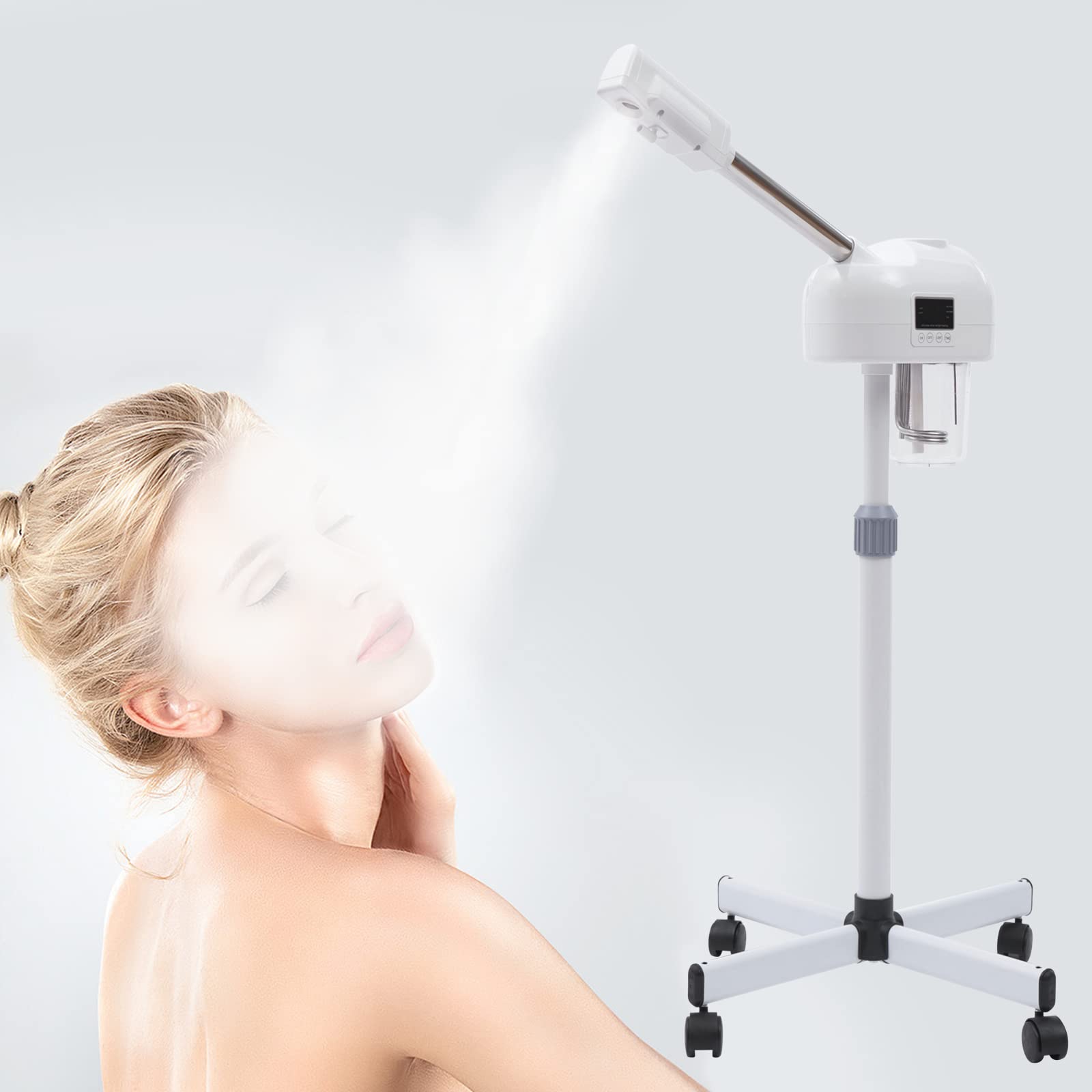 Gesichtsdampfer Gesichtssauna, 360° Ozon-Bedampfer Höhenverstellbar Gesichtssauna Verdampfer Porenreiniger Kosmetik Dampfgerät mit Timer für Gesicht Heim-Sauna SPA, Hautpflege (Weiß)