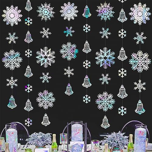 Image of 40 Ft Snowflakes Party Decorations Iridescent Snowflakes Bell Garland Holographic Big Snowflakes Hanging Streamer Backdrop for Winter Wonderland Christmas Holiday Birthday Home Window Wall Room Decor
