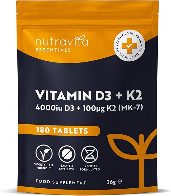 Vitamin D3 4000 iu & Vitamin K2 100μg (MK7)  180 Vegetarian Tablets  6 Month Supply - High Strength Vitamin D Supplement for Bones, Muscles & Immune System  Nutravita
