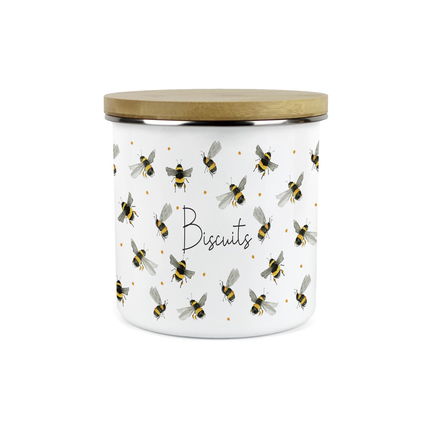 Purely Home Biscuits Scattered Bees Small Storage Canister - Bumblebee Print Kitchen Décor Gifts - 1.2L White Metal Enamel Food Storage Container