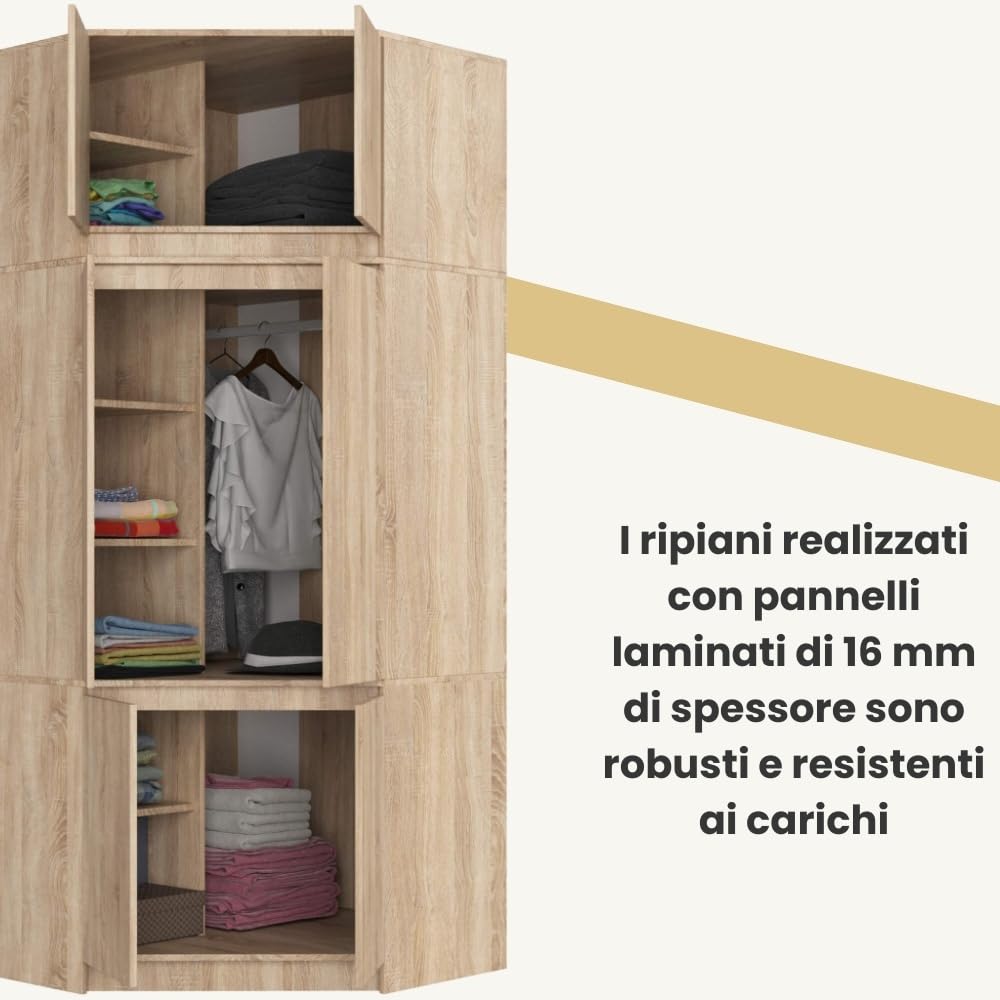 AKORD Armadio Angolare con Rialzo S100, Guardaroba 6 Ante, 100x235x50 cm, Rovere Sonoma