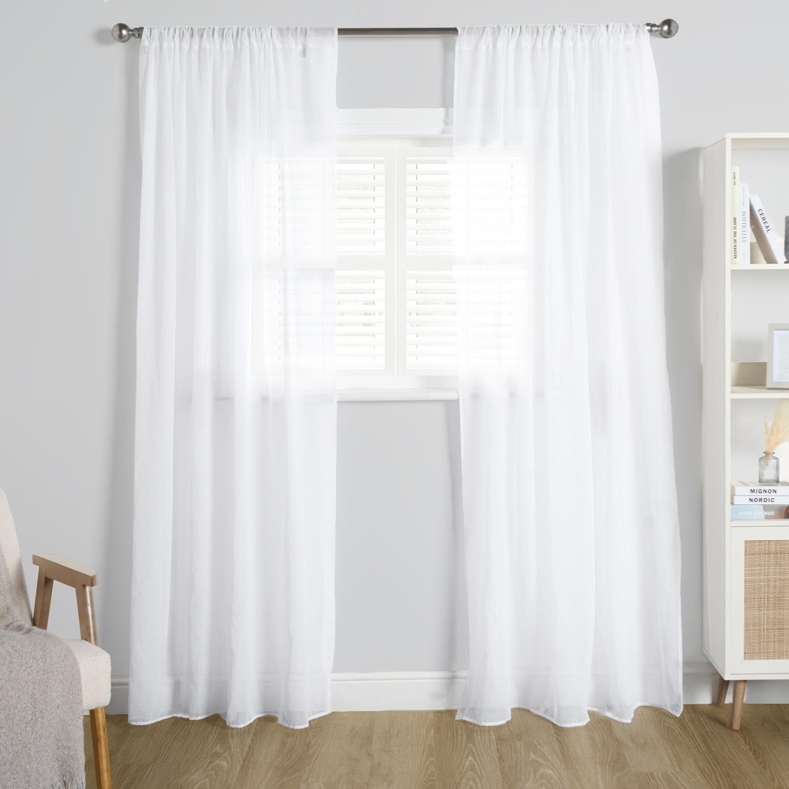 OHS Linen Look Voile Curtains - White - 140cm x 220cm - Rod Slot Top Pair - 2 Panels