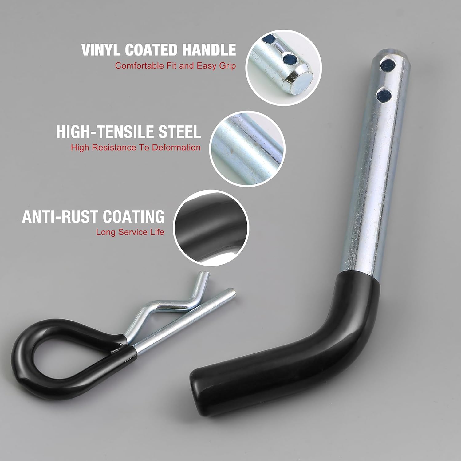 Trailer Hitch Pin, 1/2 Inch Diameter Tow Hitch Pin and Clip with Black Vinyl-Coated Grip for 1-1/4 Inch Receiver