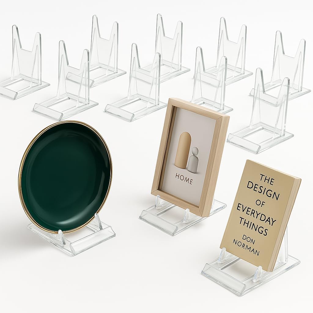 12-Pack Clear Adjustable Plate Display Stands, Multifunctional Acrylic Easels for Home & Retail – Ideal for Plates, Art, Photos & Books, Easy Assembly, Durable & Transparent Display Holders