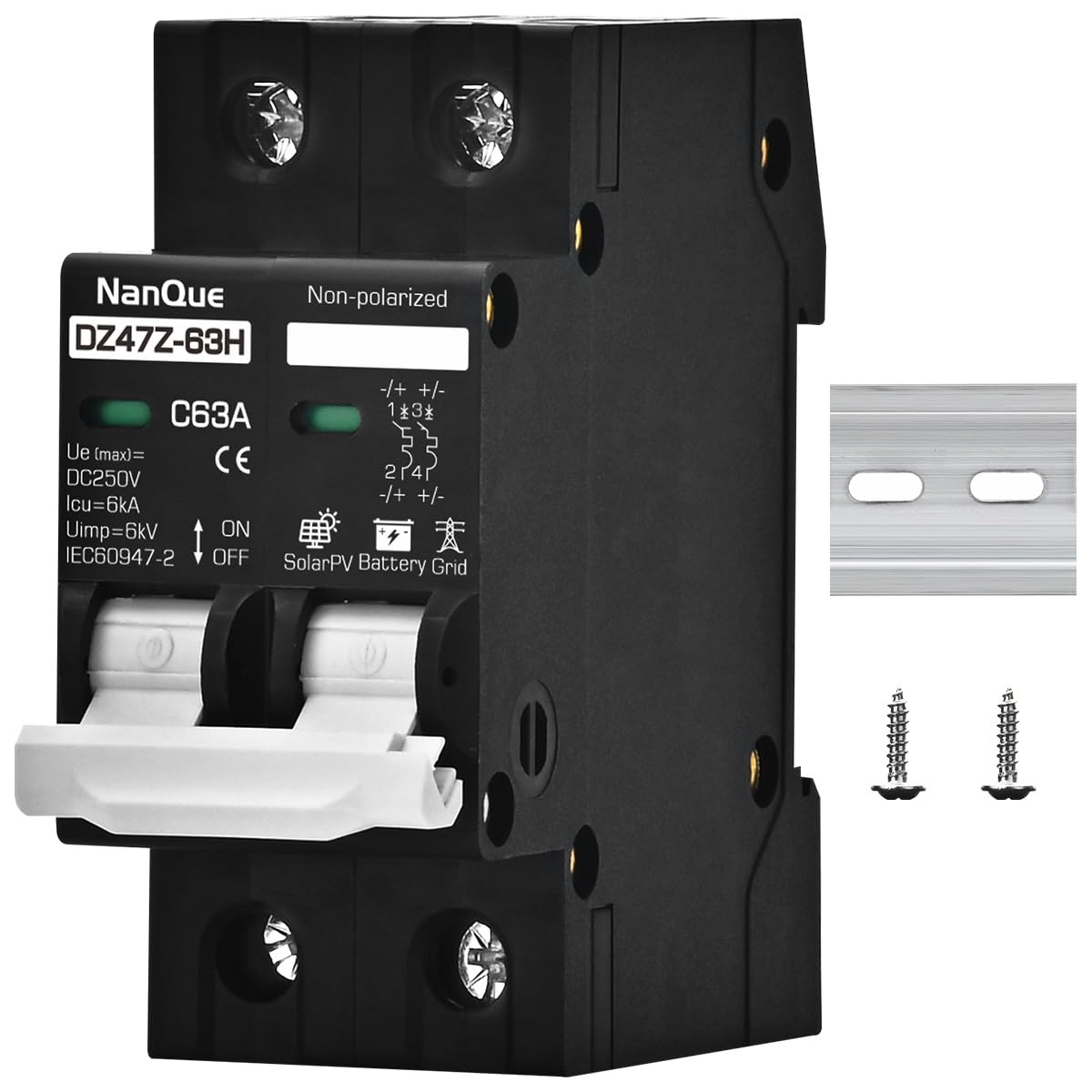 DC36V to DC250V 16/20/25/32/40/50/63 Amp Circuit Breaker Solar Photovoltaic PV Battery Protector AC DC Short-Circuit Overload Current Automatic Cut-Off 6kA No Fire Black Color DIN Rail Install (16A)