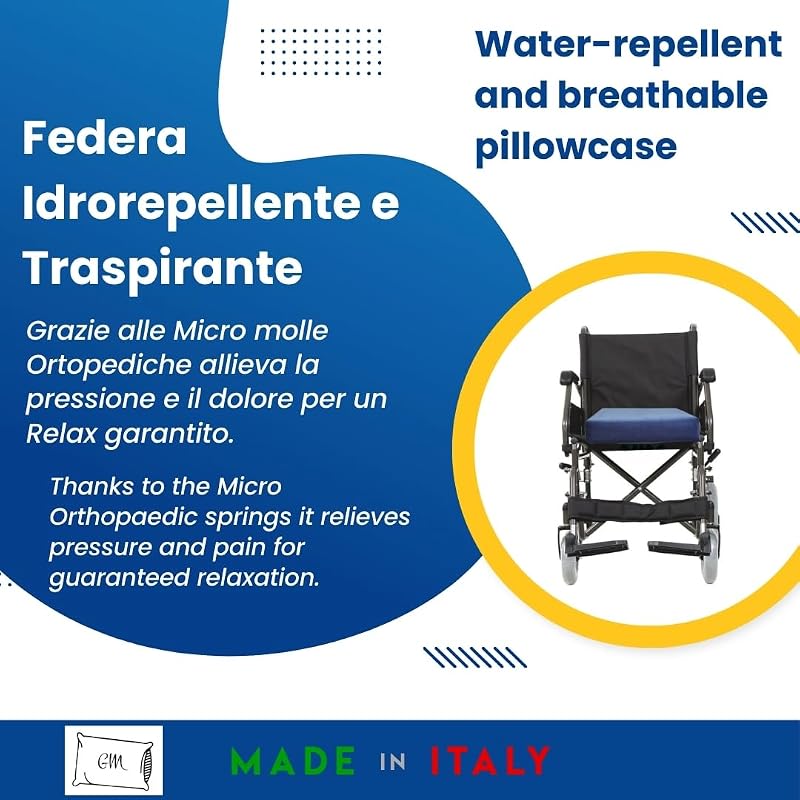 Pernă de șezut anti-escare GM din spumă cu memorie și poliuretan pentru scaun cu rotile, scaun obișnuit și cărucior, gri, 40 x 40 x 9 cm, fabricată în Italia