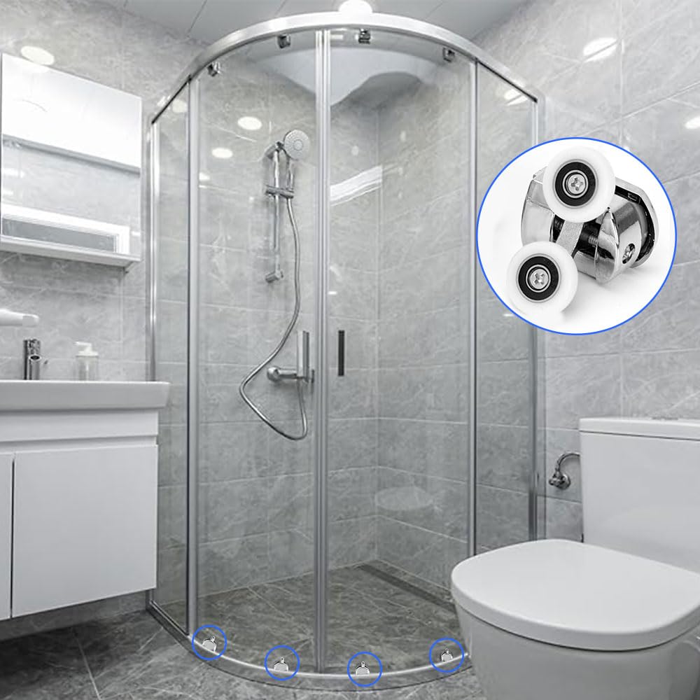 Voarge Rotelle curve per porta doccia, Per Porta Box Doccia con doppia porta scorrevole, Accessori per Box Doccia di Ricambio e Fissaggio, 2 ruote superiori + 2 ruote Silver, 23mm