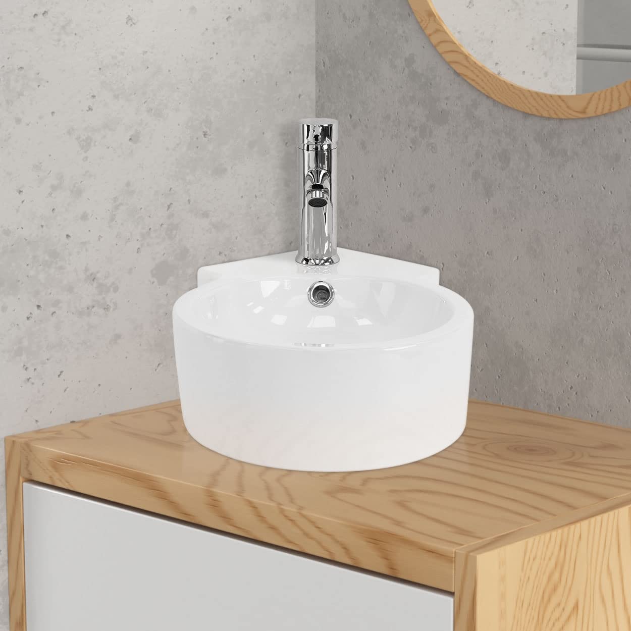 ML-Design Lavabo ad Angolo d'Appoggio in Ceramica Bianco Rotondo 45 x 36 x 13 cm Lavandino Angolare a Parete con Troppopieno Foro per Rubinetto Scarico Lavamani Design Moderno Lavello incl. Piletta