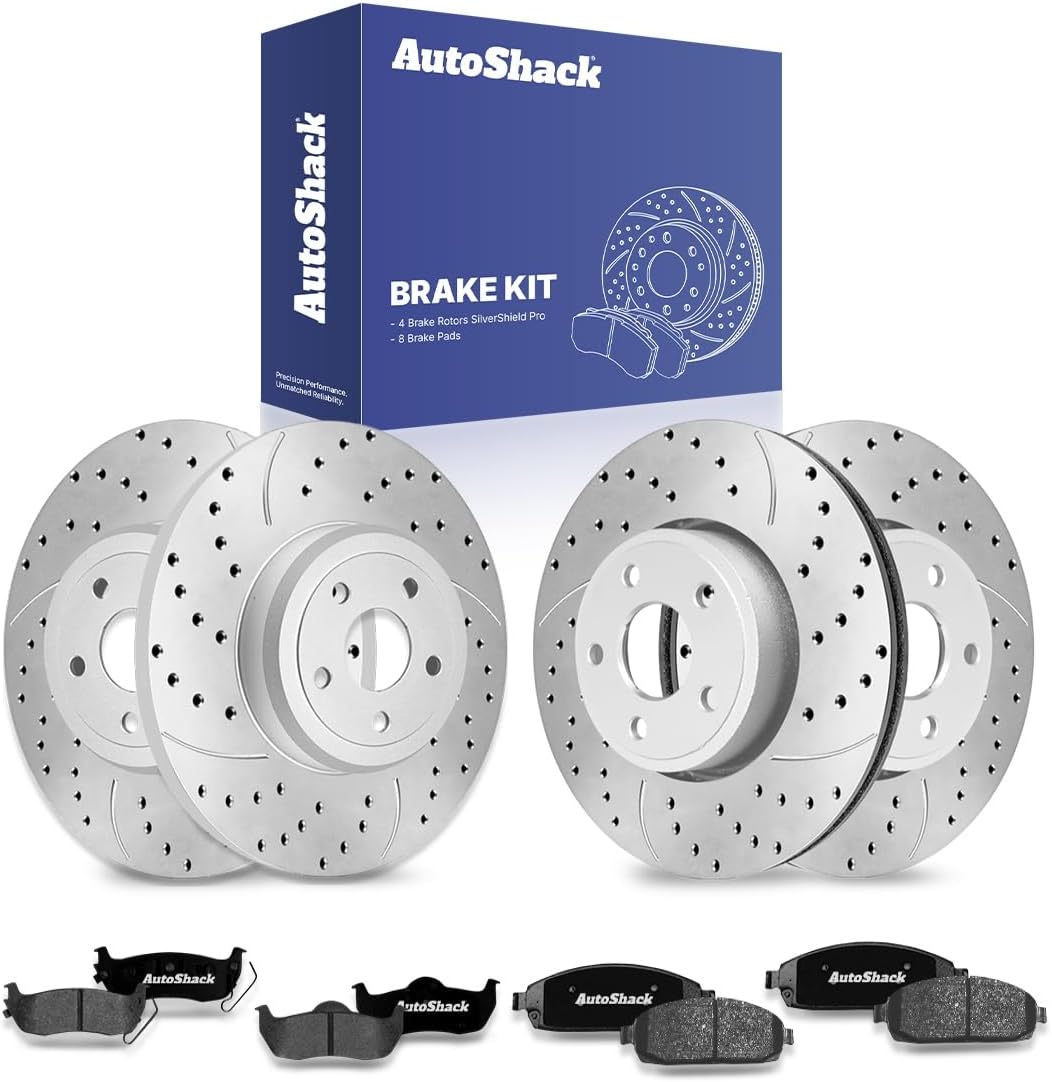 AutoShack Front Vented & Rear Solid Drilled & Slotted Silver Zinc Coated Brake Rotors + Ceramic Pads 12-PC Brake Kit Replacement for 2005-2010 Jeep Grand Cherokee SilverShield Pro