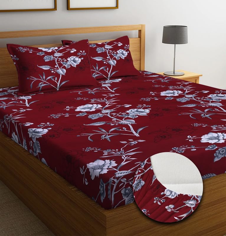 Image of NEW LEAF Premium Cotton Elastic Fitted Bedsheets with 2 King Size Pillow Covers | Double Bed with All Around Elastic 180 TC Supersoft |Size-72 King Sizex78+10 inches | Maroon & White