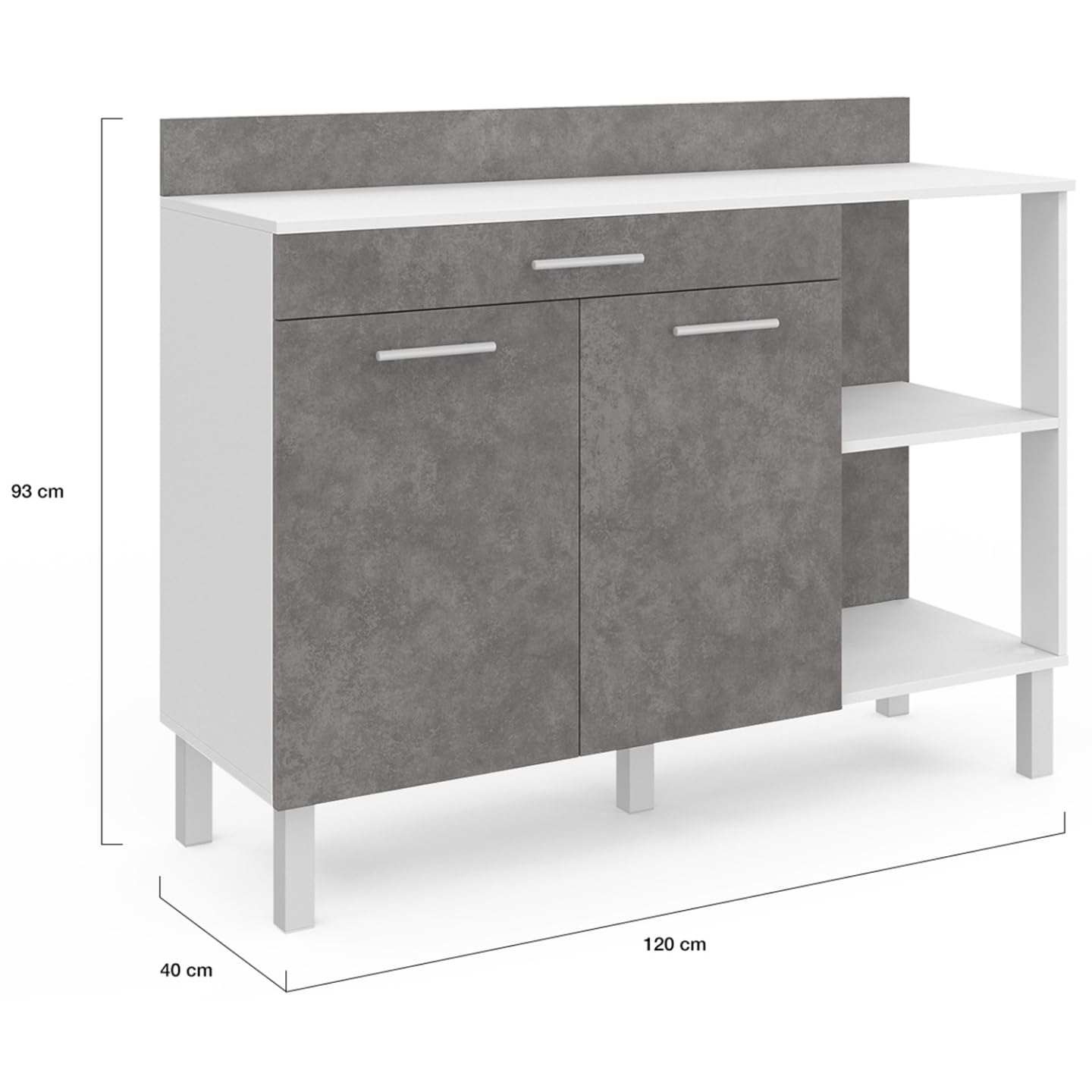 IDMarket - Aparador bajo de cocina CINA 120 cm encimera H.83 cm, 2 puertas + cajón blanco y efecto hormigón