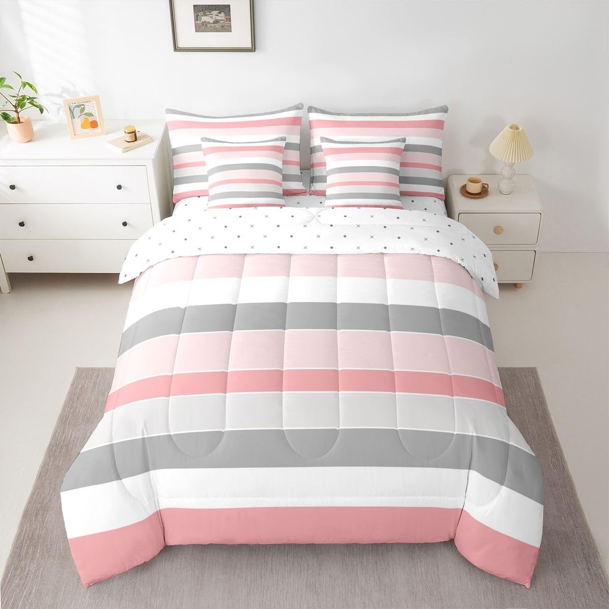 Feelyou King Pink Striped Bed in a Bag Boys Girls Patchwork Colorblock 7 Pieces Bedding Set Women Men Geometric Comforter Set Modern,Comforter + Sheets + Pillowcases + Cushion Covers