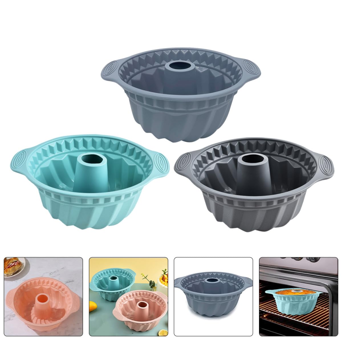 Set 3 Stampi in Silicone Alimentare per Torte Mousse e Chiffon, Teglia Rotonda Scanalata Maniglie, Antiaderente e Riutilizzabile per Forno e Dessert, per Feste e Riunioni