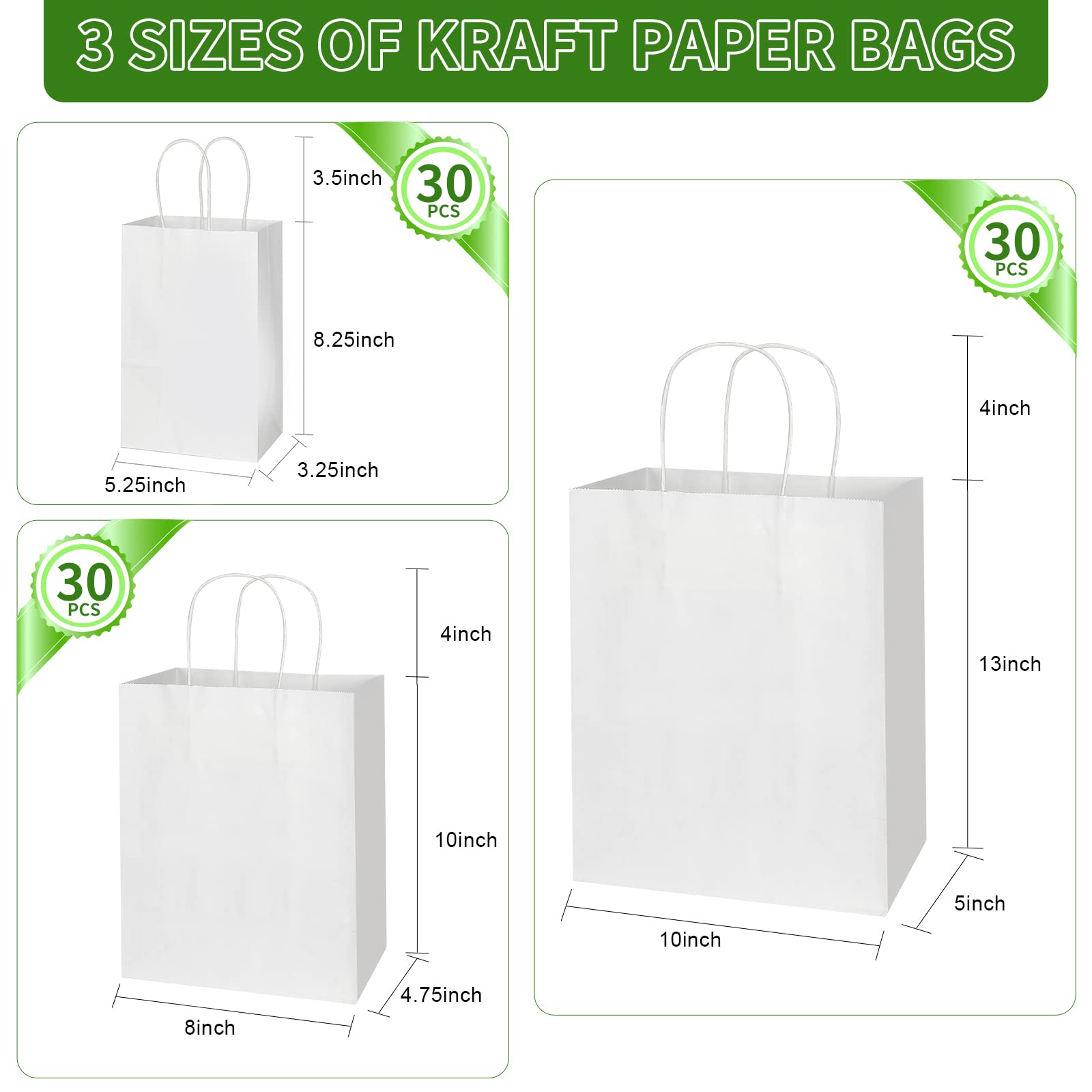 Toovip 90 Pack White Kraft Paper Bags with Handles Bulk, 3 Assorted Sizes Gift Wrap Bags for Favors Grocery Retail Party Birthday Shopping Business Goody Craft Merchandise Take Out Sacks