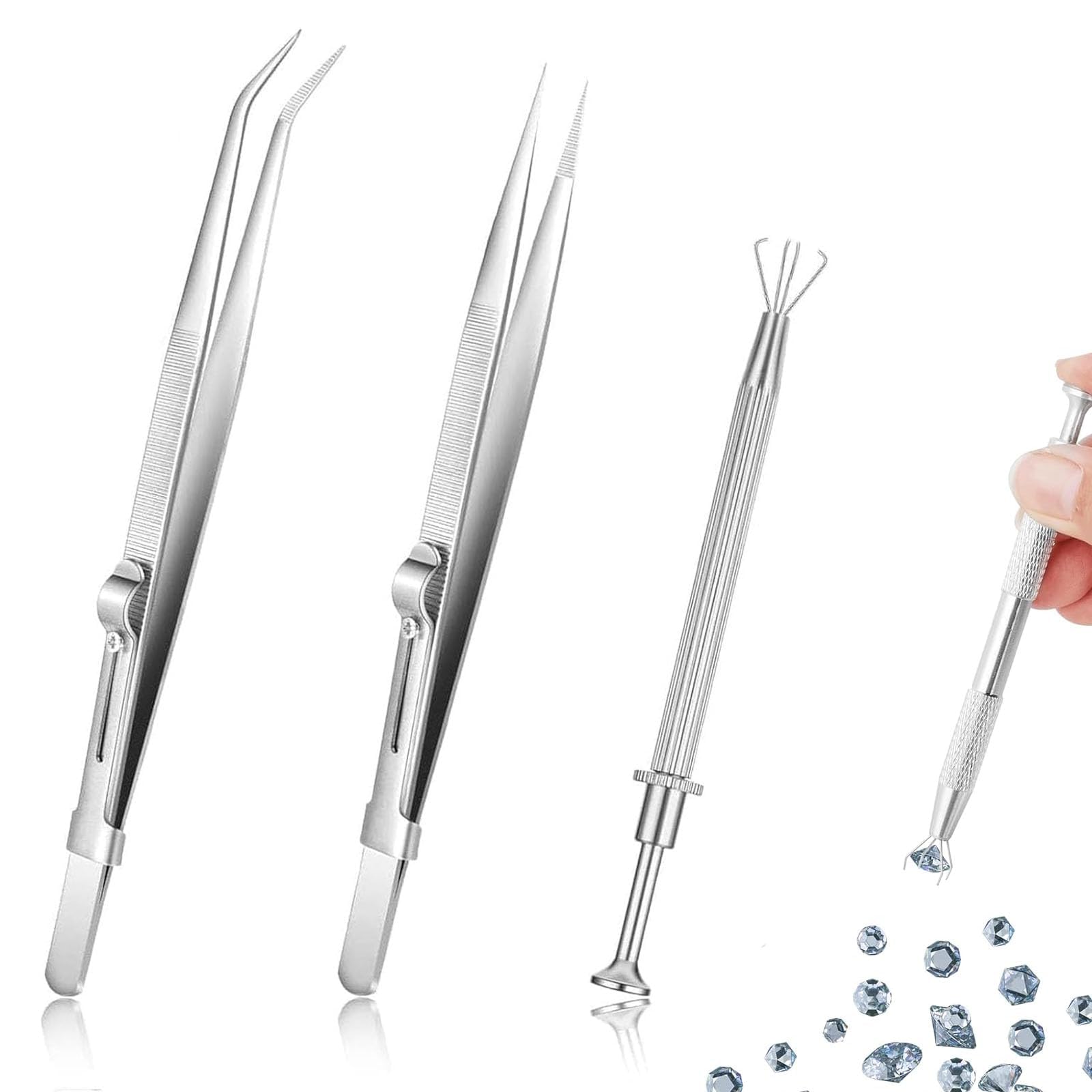 3Pcs Jewelry Tweezer Piercing Kit, Stainless Steel Jewelry Locking Tweezers, Diamond Tweezers Jewelers Holder Pick up Tool for Changing Piercing Balls Jewelry Tiny Objects
