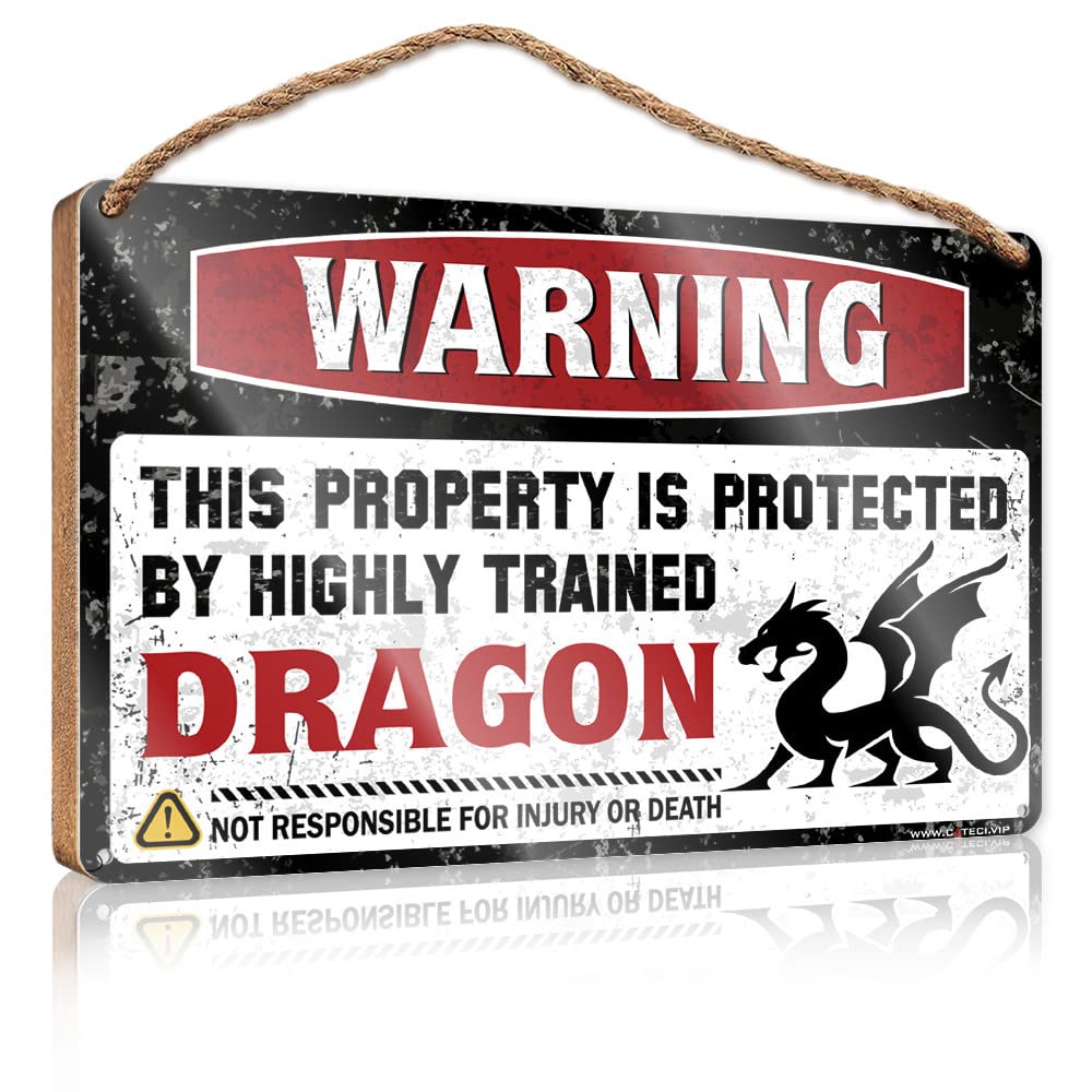 Dtha One Color Winter Sign For Front Door Warning This Property Is Protected By A Highly Trained Dragon Wooden Sign Vintage Decor Summer Decorations For Home(23X35cm)