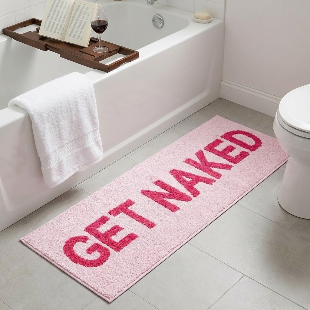 Get Naked Bath Mat Runner, 17 x 47 Inch Long Non Slip Absorbent Pink Bathroom Runner, Machine Washable Bath Rugs, Soft Naked Carpets for Bathroom Shower, Pink