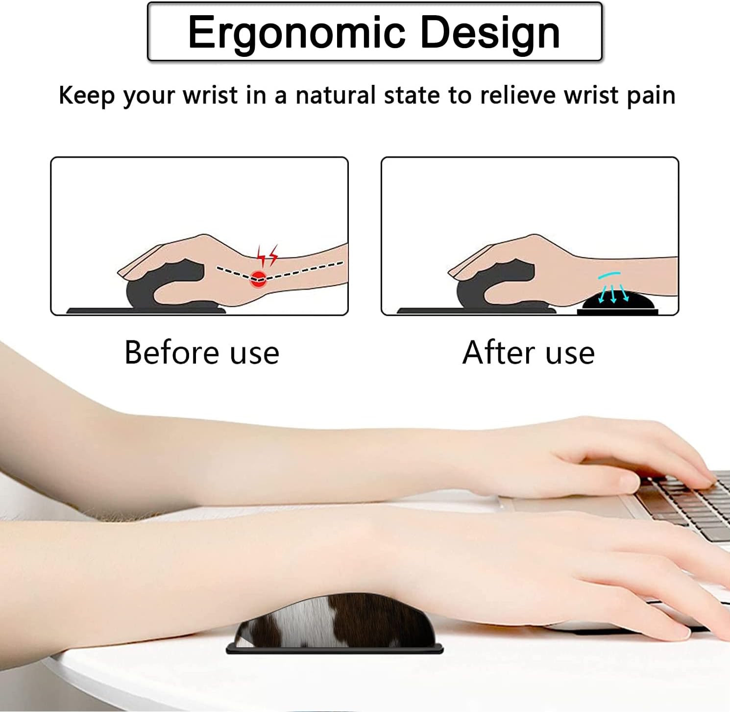 Large Gaming Mouse Pad, 31.5x11.8 in Extended Computer Mouse Mat with Non-Slip PU Base, Ergonomic Memory Foam Keyboard Wrist Rest, for Work & Gaming, Brown and White Cow Hair Office Desk Pad