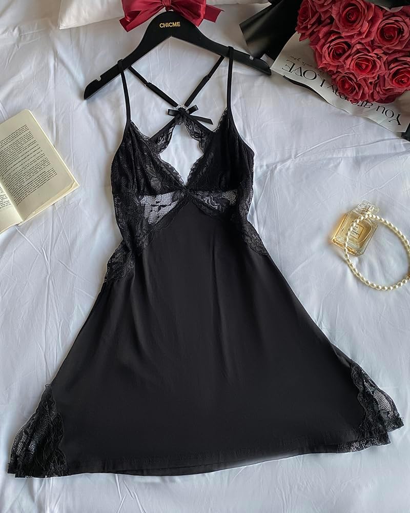 CHICME Lingerie for Women Lace Chemise Side Slit Modal Nightgowns V Neck Backless Sleepwear Babydoll Dress - Image 4