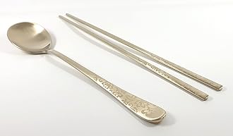 Korean Chopsticks Spoon 1 Set - METAL STAINLESS STEEL Titanium Plating (IVY-Gold 1Set)
