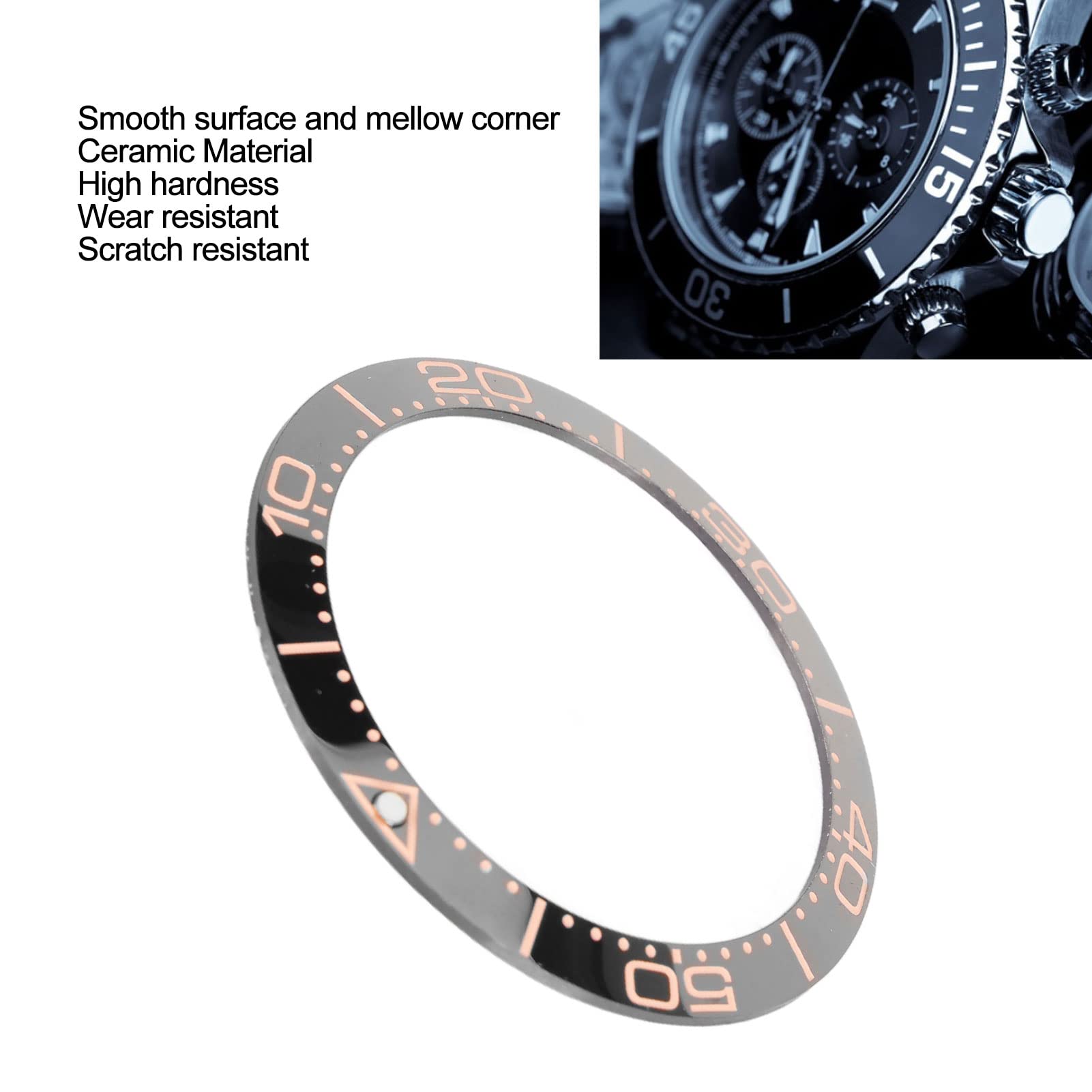 Professional 38mm Watch Bezel Insert Replacement Parts Accessory for Watchmaker,Ceramic Watch Bezel Ring (Rose Font Black Background)