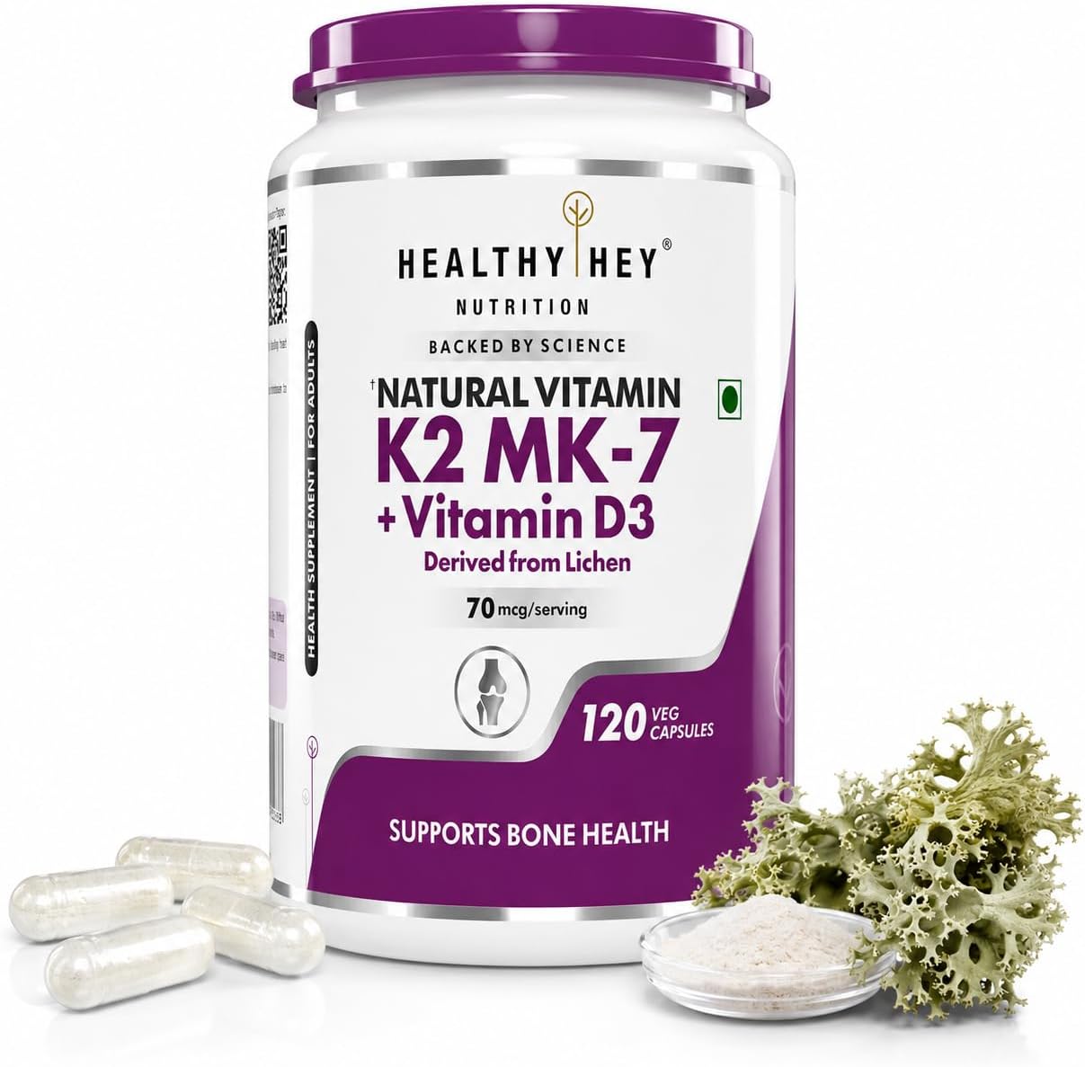 HealthyHey Nutrition Vitamin D3 K2 Supplement Capsules | D3 Derived from Natural | 100% Veg Vitamin K2 Mk7 + Vitamin D3 Capsule | Non-GMO |Non -Synthetic (120 Veg. Capsules)