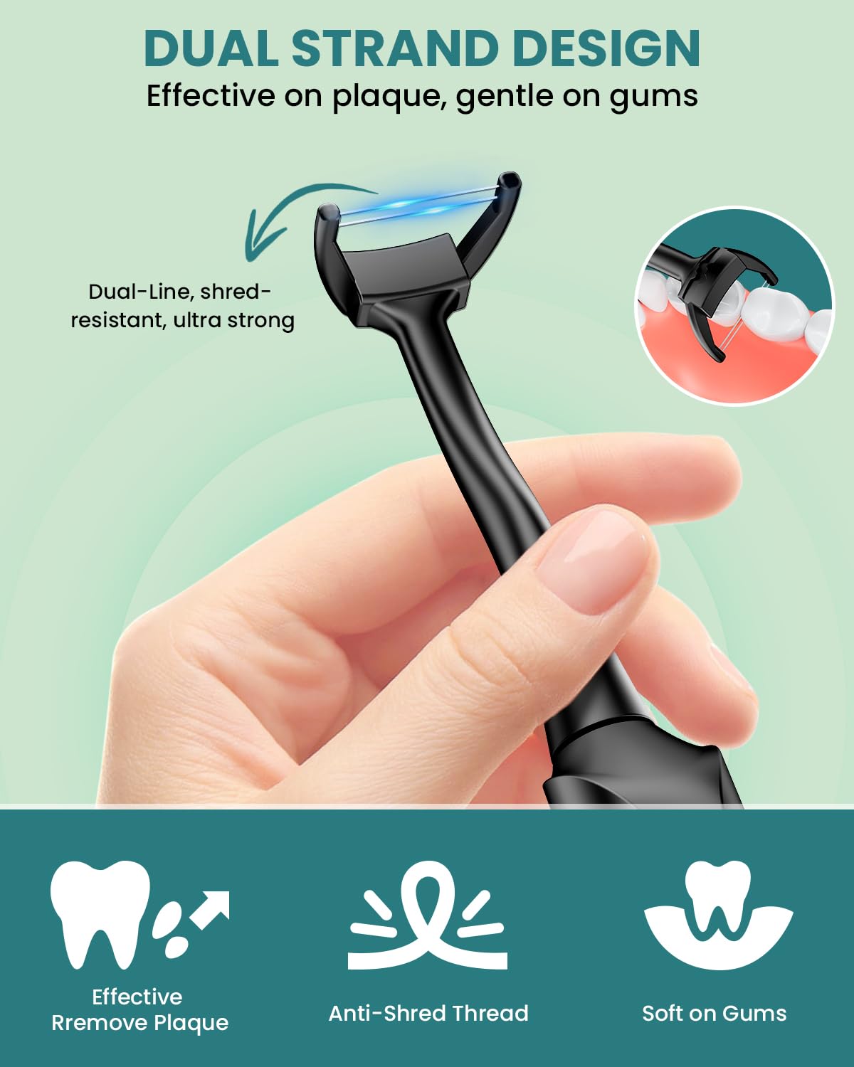 Recambios de hilo dental, cabezales de repuesto para púas dentales, hilo dental de fácil deslizamiento, hilo dental de doble línea, 108 piezas (2 cajas), color negro