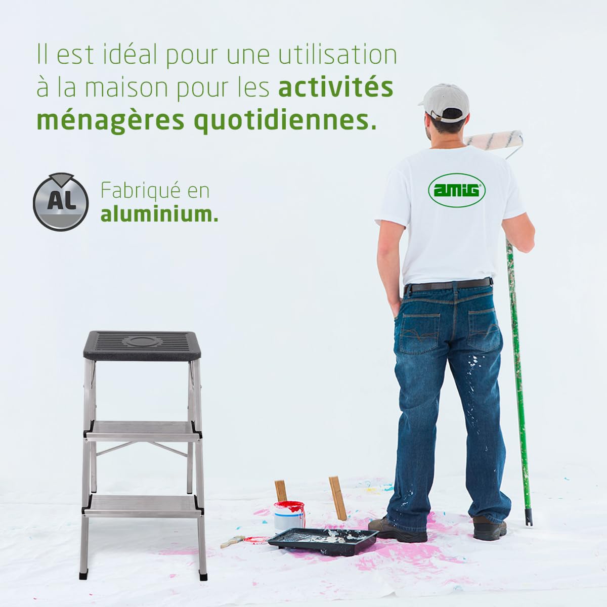 Amig - Escabeau Pliable à 3 Marches | Aluminium Léger et Résistant | Marches Antidérapantes pour Sécurité | Facile à Transporter et à Ranger | Idéal pour Accès à Petites Hauteurs, Aluminium, 3 Marches