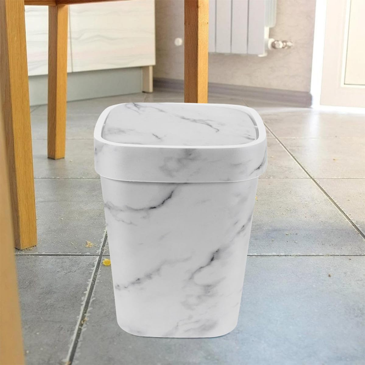 Marble Pattern Plastic Trash Can with Swing Lid for Kitchen and Bathroom, Rectangular Waste Basket with Odor Containment, Stylish White Marble Print Garbage Bin for Home