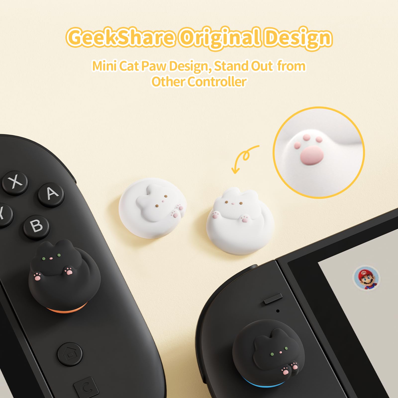 GeekShare Tapones de joystick compatibles con Switch 2 – Tapas antideslizantes para el pulgar – Fundas analógicas de silicona para Switch 2025, gatitos blancos y negros