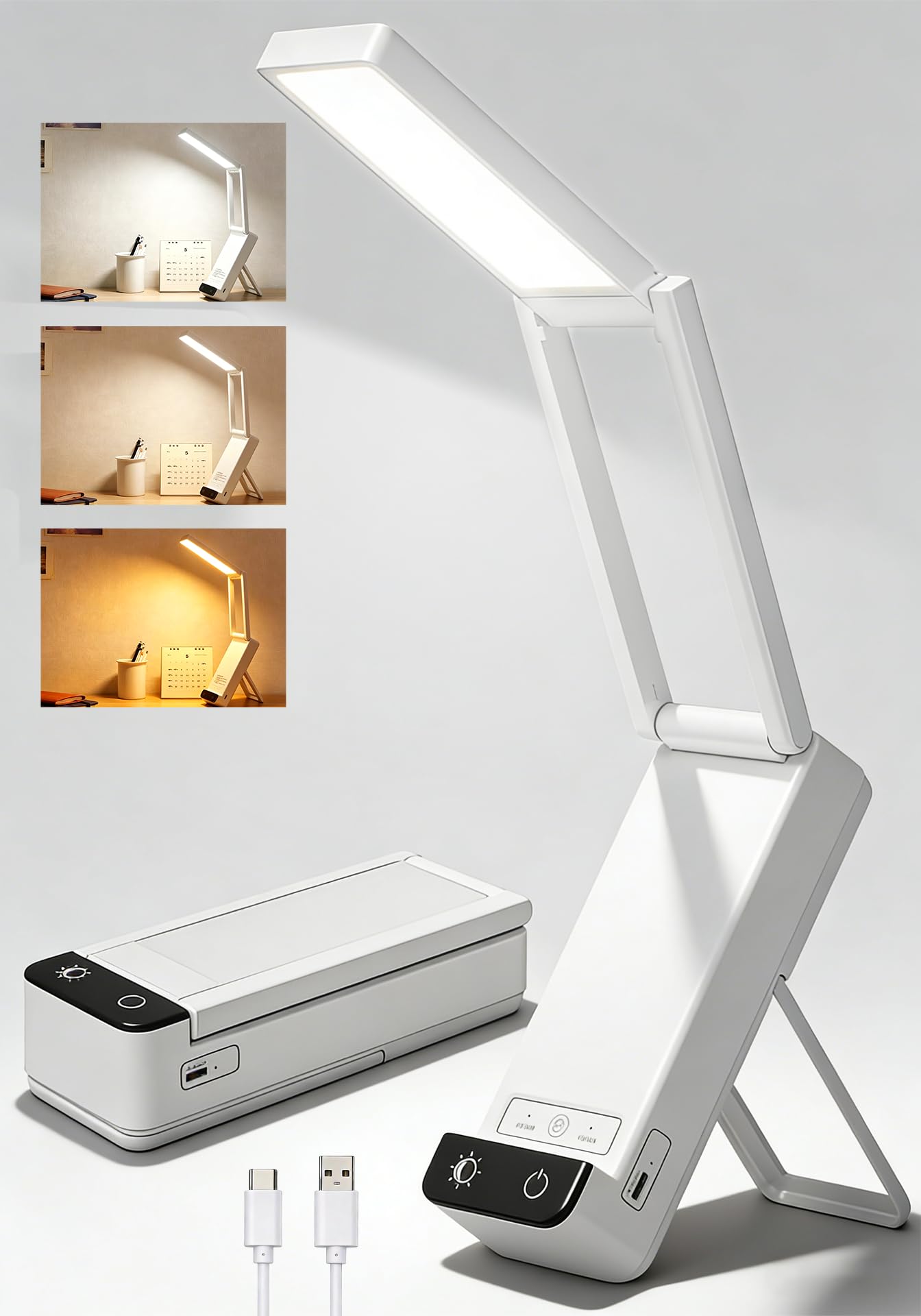 EZVALO Rechargeable Desk Lamp, 6000mAh Wireless Lamp with 3 Colour Temperatures, Dimmable Foldable LED Reading Light, Portable Cordless Lamp for Nail Art, Bedside, Crafting & Power Cuts (1, White)
