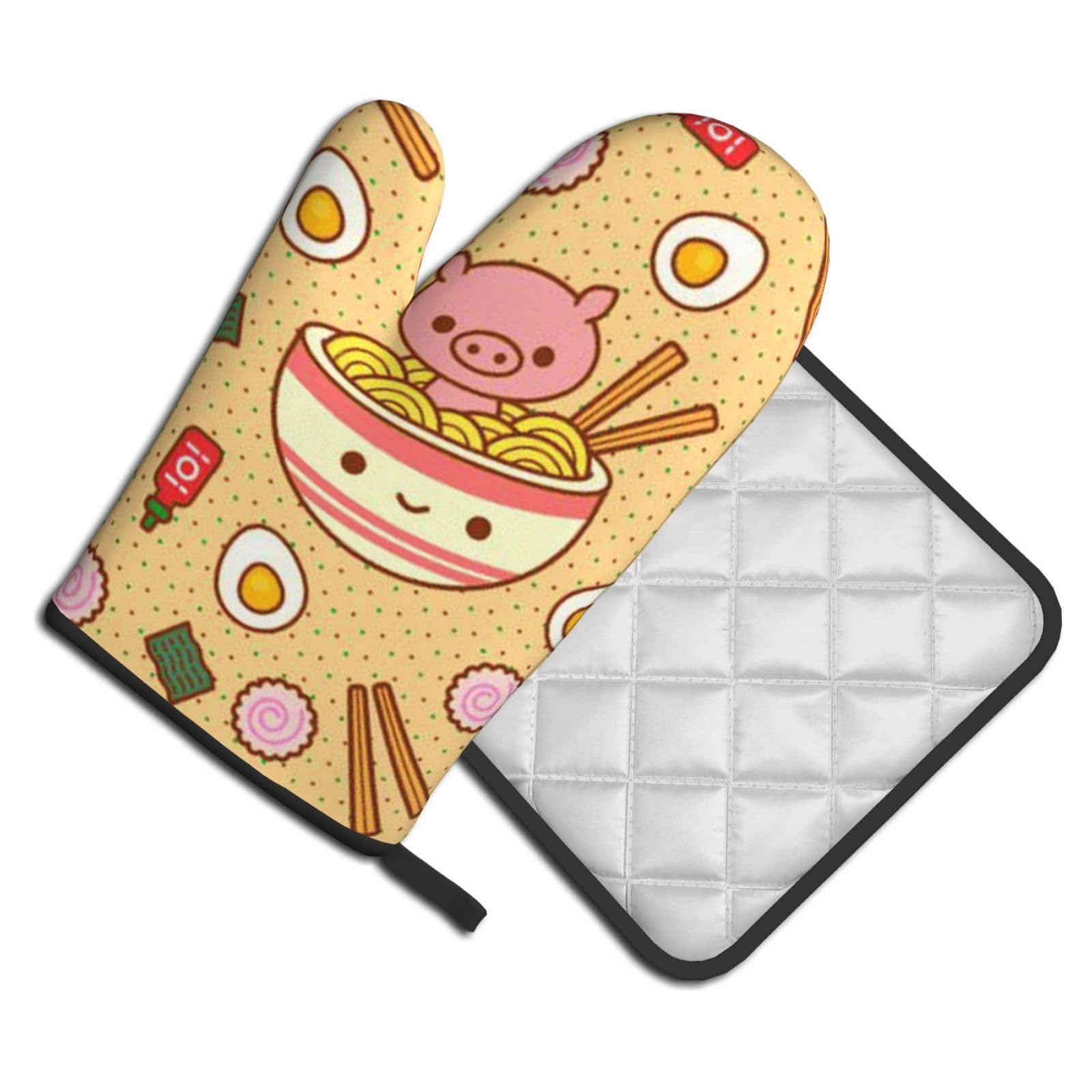 Oven Mitts and Pot Holders Set of 2 Pcs, Delicious Sweet Ramen Printed Heat Resistant Kitchen Gloves Potholders for Cooking Baking Grilling