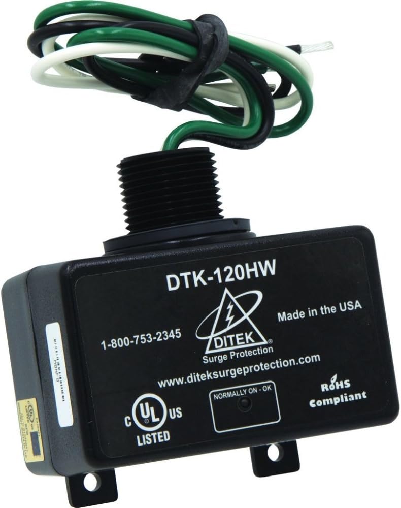 DITEK DTK-120HW 0-400 HZ Frequency, 1 MS Response TIME, 120 VAC, 20 AMP, LED Indication, SPD Type 1, Surge Protector, UL1449 Listed
